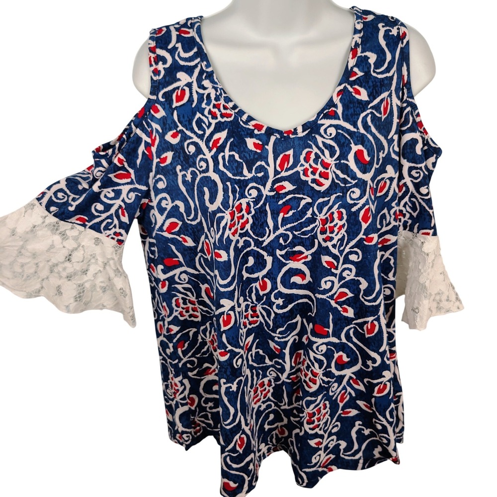 Stem & Vine Blue Floral Paisley Cold Shoulder Lace Bell Sleeve Top M cottage